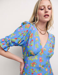 Petite Blue Fruit Print Delilah Midi Dress