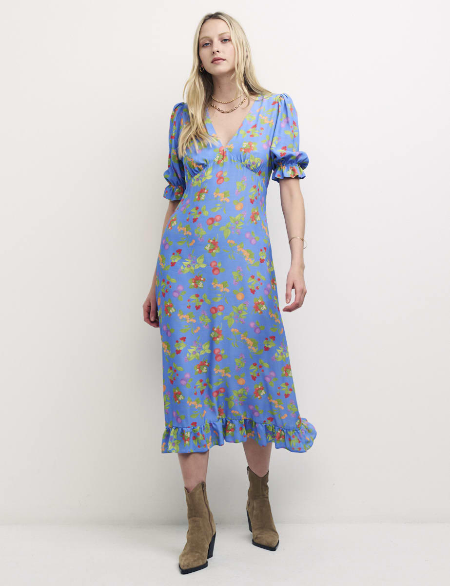 Blue Fruit Print Delilah Midi Dress