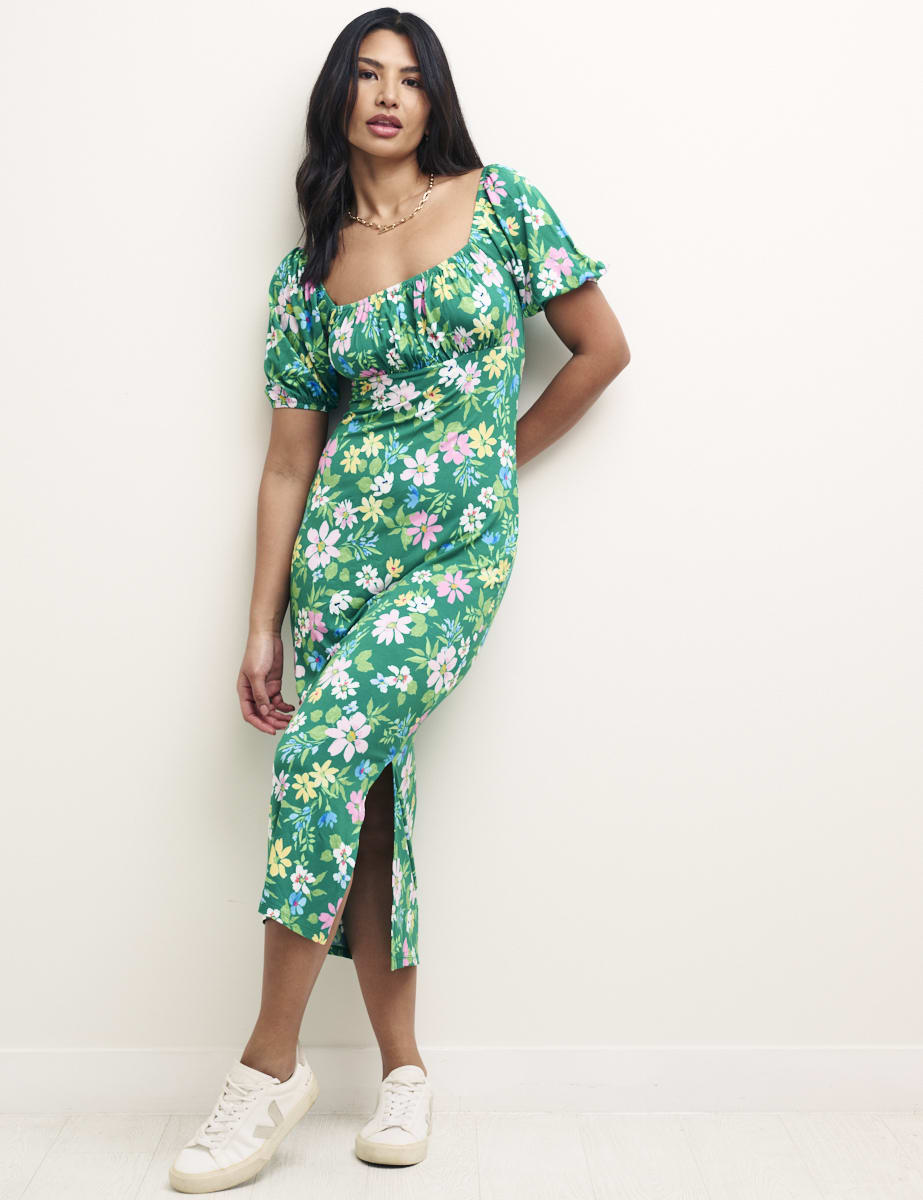 Green Floral Ruched Bodice Oregon Midi Dress