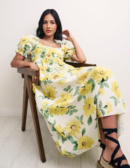 Sunflower Puff Sleeve Ginger Midi Dress