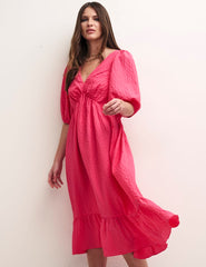 Pink V-Neck Puff Sleeve Amy Midi Dress