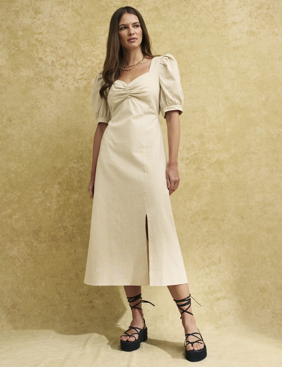 Cream Linen-blend Sweetheart Rosie Midi Dress