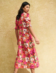 Orange Big Floral Luna Midi Dress