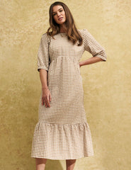 Brown Gingham Check Rachel Smock Midi Dress