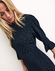 Black Satin Jacquard Frill Hem Fleur Mini Dress