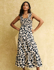 Black & Cream Petal Print Maya Midi Dress
