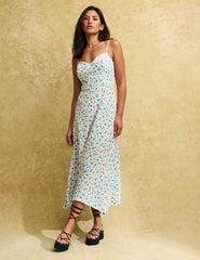 White Ditsy Blue Floral Pipin Midi Dress