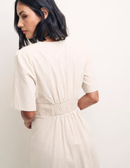 Cream Linen-blend Alexa Midi with Shirring Dress