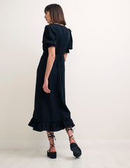 Black Linen-blend Puff Sleeve Delilah Midi Dress