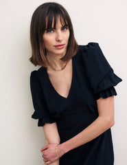 Black Linen-blend Puff Sleeve Delilah Midi Dress