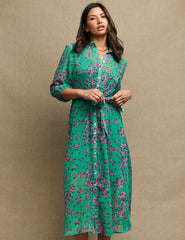 Green & Pink Floral Chiffon Malika Midi Dress
