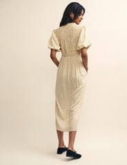 Cream Spot Shirred Bodice Leiza Midi Dress