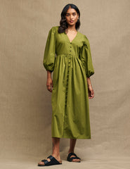 Olive Green Balloon Sleeve Ria Midi Dress