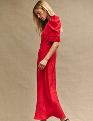 Red Satin Jacquard Moira Midi Dress