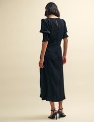 Black Satin Jacquard Luna Midi Dress