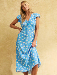 Blue Sun Print Lily Midi Tea Dress