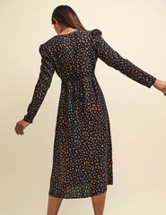 Black and Orange Spot Print Long Sleeve Lily Midi Dress