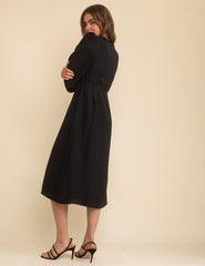 Petite Black Satin Jacquard V-Neck Tasha Midi Dress