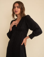 Black Satin Jacquard V-Neck Tasha Midi Dress