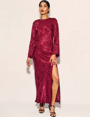 Petite Burgundy Satin Jacquard Sydney Maxi Dress