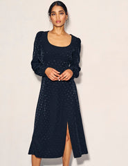 Black Satin Jacquard Long Sleeve Dee Dee Midi Dress