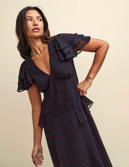 Black and Red Polka Dot Print Alvia Chiffon Midi Dress