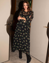 Black Ditsy Floral Este Chiffon Midaxi Dress