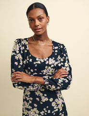 Black Floral Long Sleeve Dee Dee Midi Dress