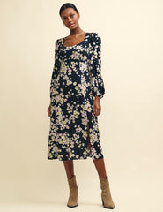 Black Floral Long Sleeve Dee Dee Midi Dress