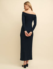 Black Jersey Long Sleeve Bardot Midaxi Dress