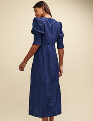 Blue Satin Jacquard Luna Midi Dress