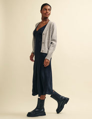 Black Satin Jacquard Helena Midi Dress