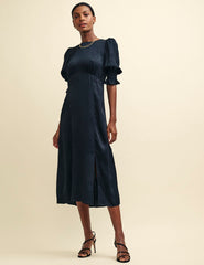 Black Satin Brushstroke Jacquard Luna Midi Dress