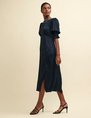 Black Satin Brushstroke Jacquard Luna Midi Dress