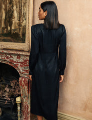 Black Animal Print Satin Jacquard Tasha Midi Dress