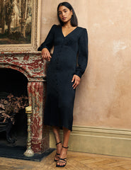 Black Animal Print Satin Jacquard Tasha Midi Dress