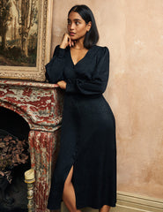 Black Animal Print Satin Jacquard Tasha Midi Dress