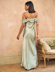 Sage Green Satin Bardot Gaia Bridesmaid Maxi Dress