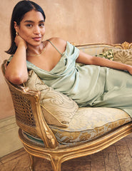 Sage Green Satin Bardot Gaia Bridesmaid Maxi Dress