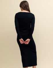 Black Long Sleeve Boatneck Luke Ruched Midi Dress