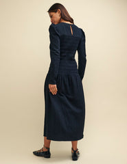 Black Shirred Dropped Waist Gracie Midi Dress