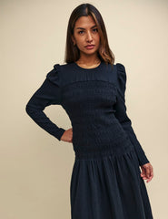 Black Shirred Dropped Waist Gracie Midi Dress