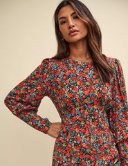Red Floral Balloon Sleeve Maggie Mini Dress