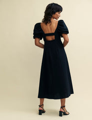Black Puff Sleeve Henri Midi Dress