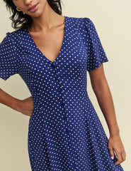Navy Polka Dot Print Ellen Midi Dress