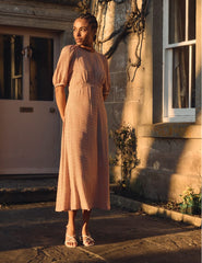 Brown Geometric Print Puff Sleeve Bonnie Midi Dress