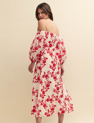 Red Floral Bardot Maxine Midi Dress