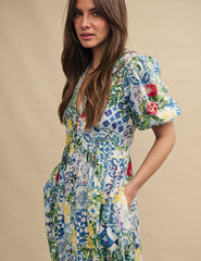 Blue Floral Tile Print Starlight Midi Dress