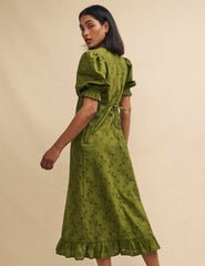 Olive Green Broderie Delilah Midi Tea Dress