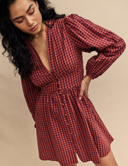 Brown Gingham Starlight Long Sleeve Mini Dress